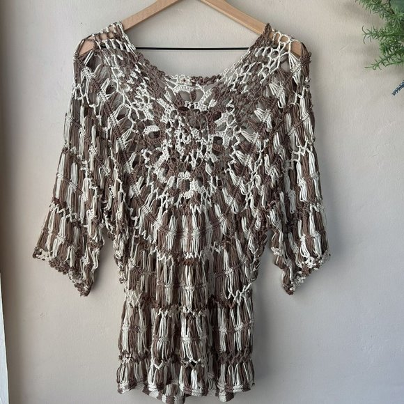 Vintage Y2K Vivid Collection Brown White Crocheted Swim Cover Up Blouse - Picture 7 of 10